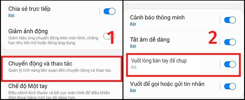 Bật tính năng Vuốt lòng bàn tay để chụp